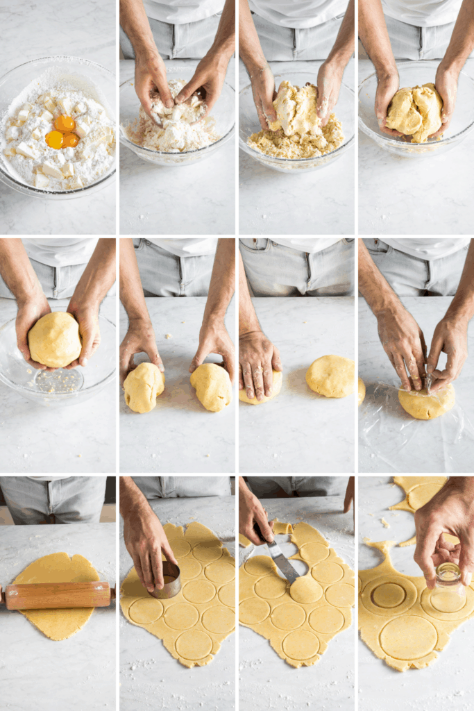 steps showing how to make linzer cookie dough with flour, eggs, and sugar. plus how to roll it out and cut out shapes