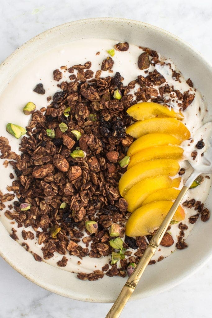 Chocolate Granola With Pistachios, Almomonds and Dried currants