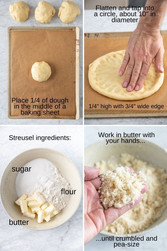 steps to roll out dough for czech pastry kolache; bottom photo is a bowl with sugar, butter and flour for streusel