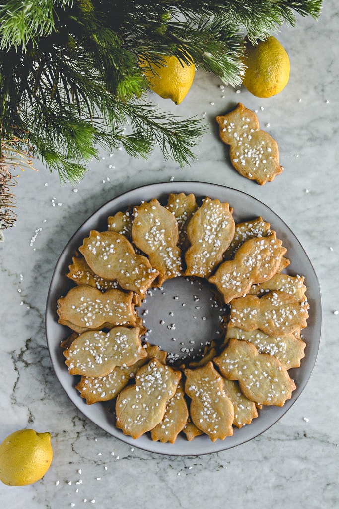 plate of lemon linzer cookies with pearl sugar from verygoodcook.com