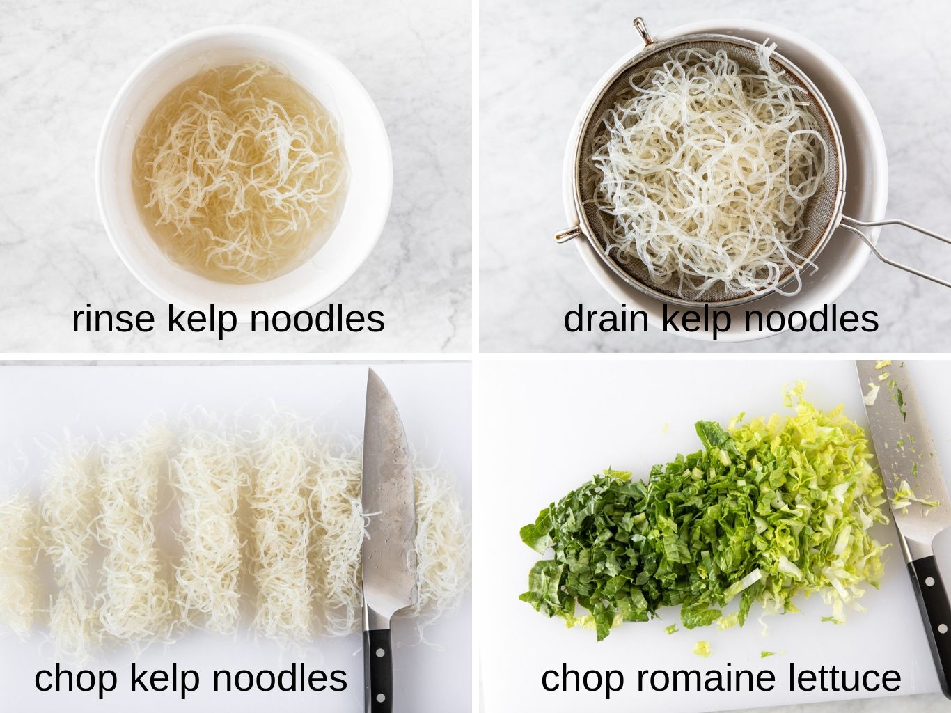 kelp noodles in a bowl, in a sieve and on a cutting board; with chopped romaine lettuce, showing how to prep a kelp noodle salad