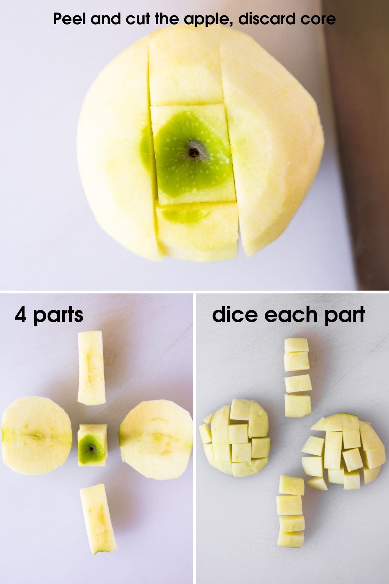 photos showing how to core and dice a peeled apple