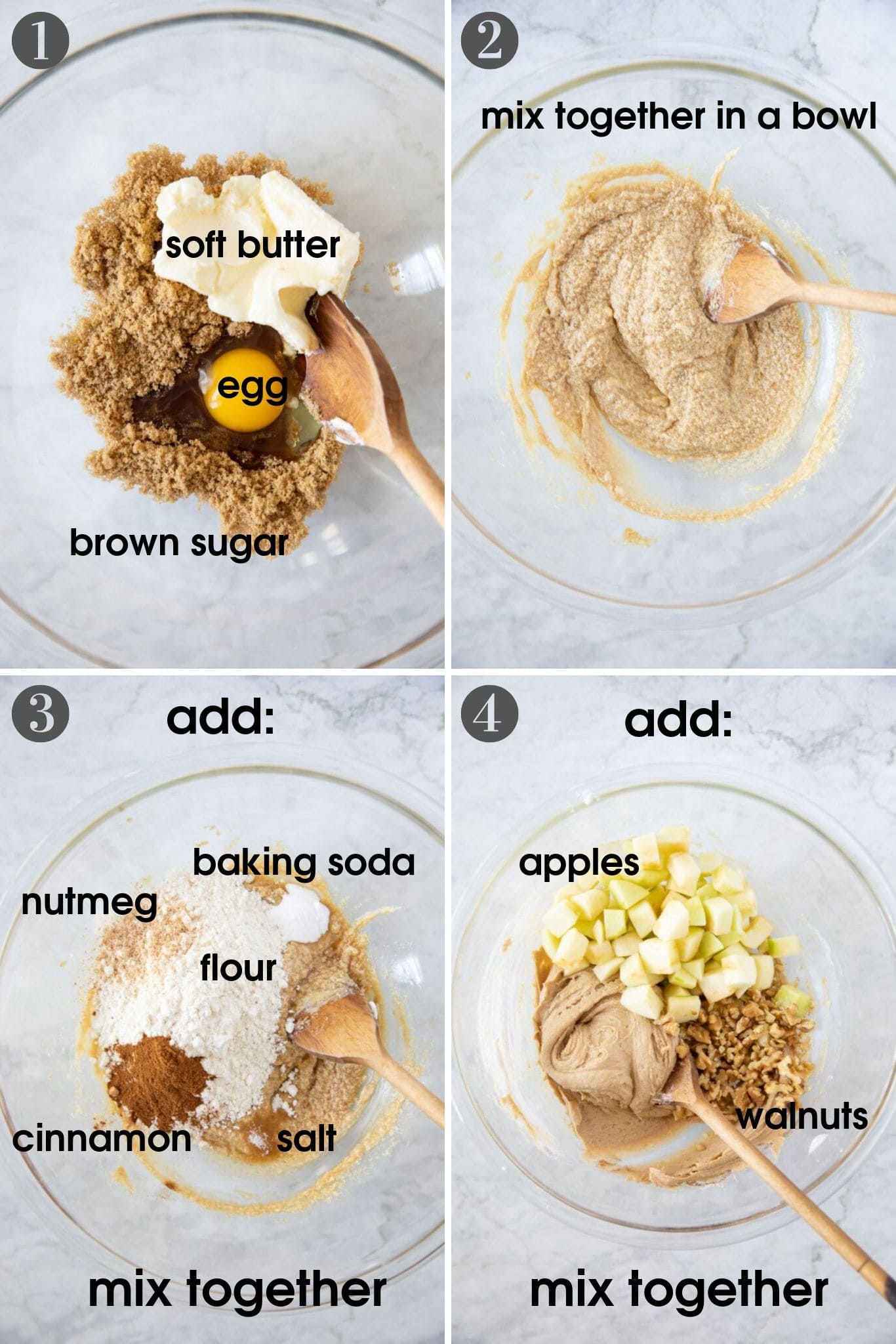 four photos showing steps to make apple walnut pie in one bowl, using butter, brown sugar, egg, flour, baking soda, spices, apples and walnuts
