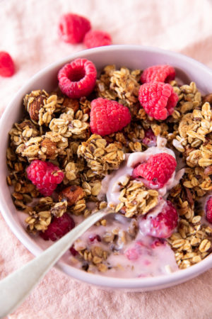 Bowl with big-cluster granola. Made with oats, pecans, almonds, honey and flaxseed. Served with yogurt and raspberries.