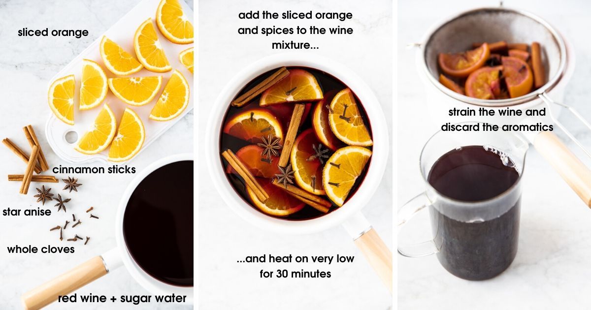 Three photos showing ingredients and process showing how to make mulled wine. Ingredients include red wine, cinnamon sticks, sliced orange, star anise and whole cloves. Equipment used: medium saucepan, strainer and glass pitcher.