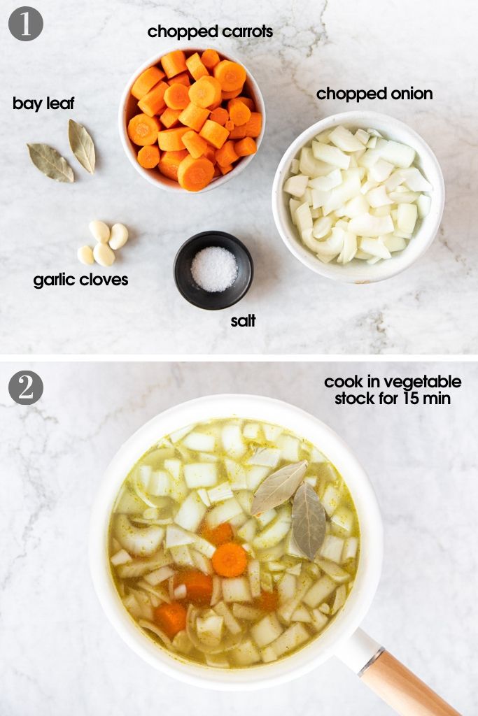 Ingredients for vegetable sauce, which is a component of mac 'n' cheese pasta sauce. Ingredients include chopped carrots, chopped onion, salt, garlic cloves, bay leaves. Second photo showing a saucepan with all ingredients plus vegetable stock.