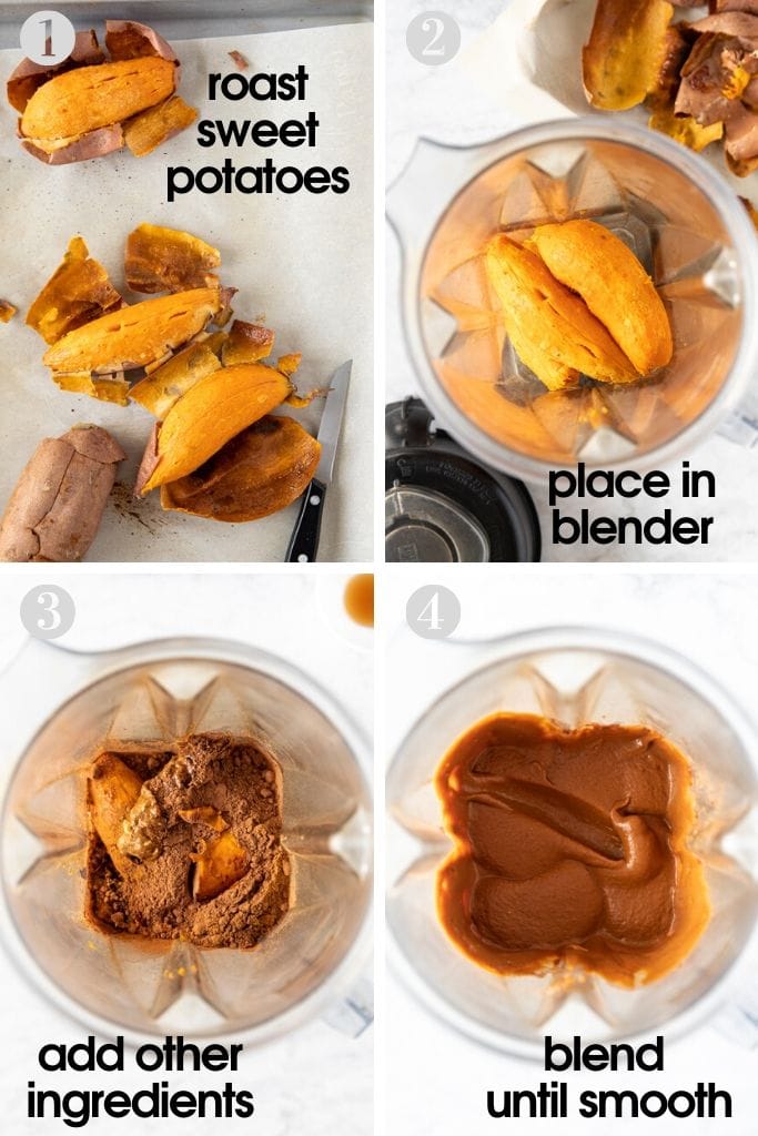 Four steps showing how to make sweet potato chocolate mouse using roasted sweet potatoes in a blender