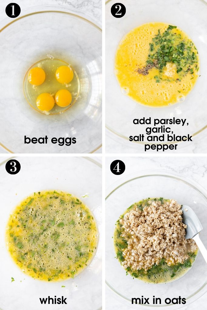 steps to make easy savory oatmeal bars using eggs, parsley, garlic, salt, black pepper and soaked oats.