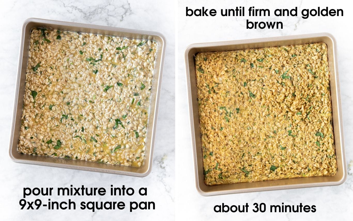 photos of baking pans showing easy savory oatmeal bars before and after baking