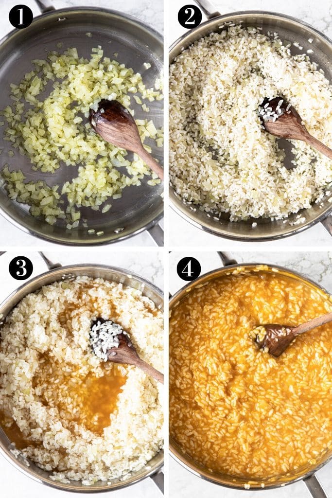 Four photos showing steps to make Spring Risotto With Peas and Corn. Sautee chopped onion, add arborio rice, add vegetable stock, cook until al dente