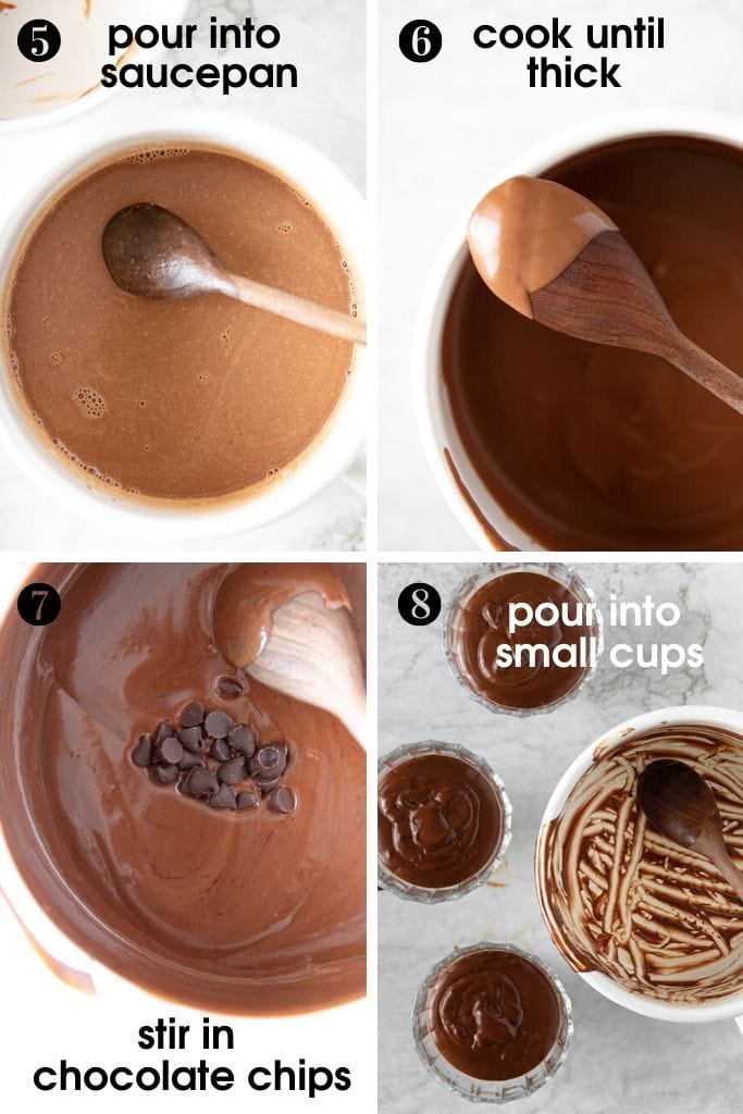 Steps to make double-chocolate pudding (budino) showing heavy cream/milk mixture, heating it until it thickens, adding chocolate chips and pouring it into glass bowls