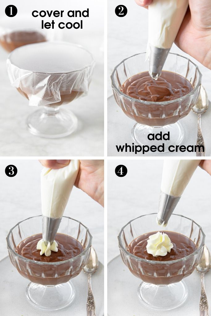 Glass bowls with double-chocolate pudding (budino) and whipped cream on top