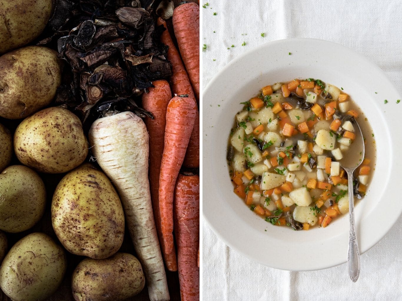 Photo dyptich. Left photo showing ingredients for chunky Czech Potato Soup (Bramboračka) including potatoes, dried porcini, carrots and parsnip. On the right is a plate with the finished soup.