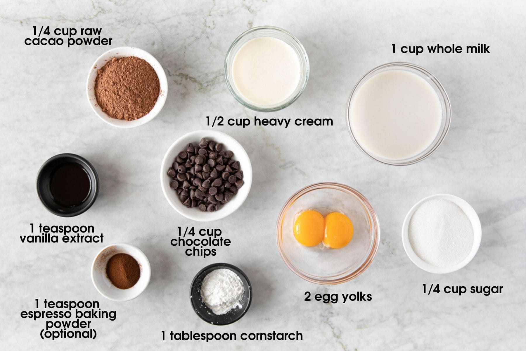 Photo of ingredients to make double-chocolate pudding (budino) including cacao powder, heavy cream, whole milk, sugar, egg yolks, cornstarch, espresso powder, vanilla extract and chocolate chips