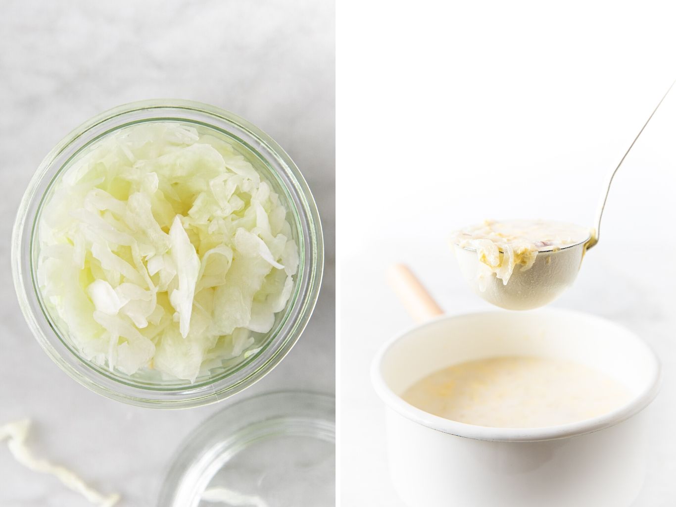 two photos showing sauerkraut and sauerkraut soup