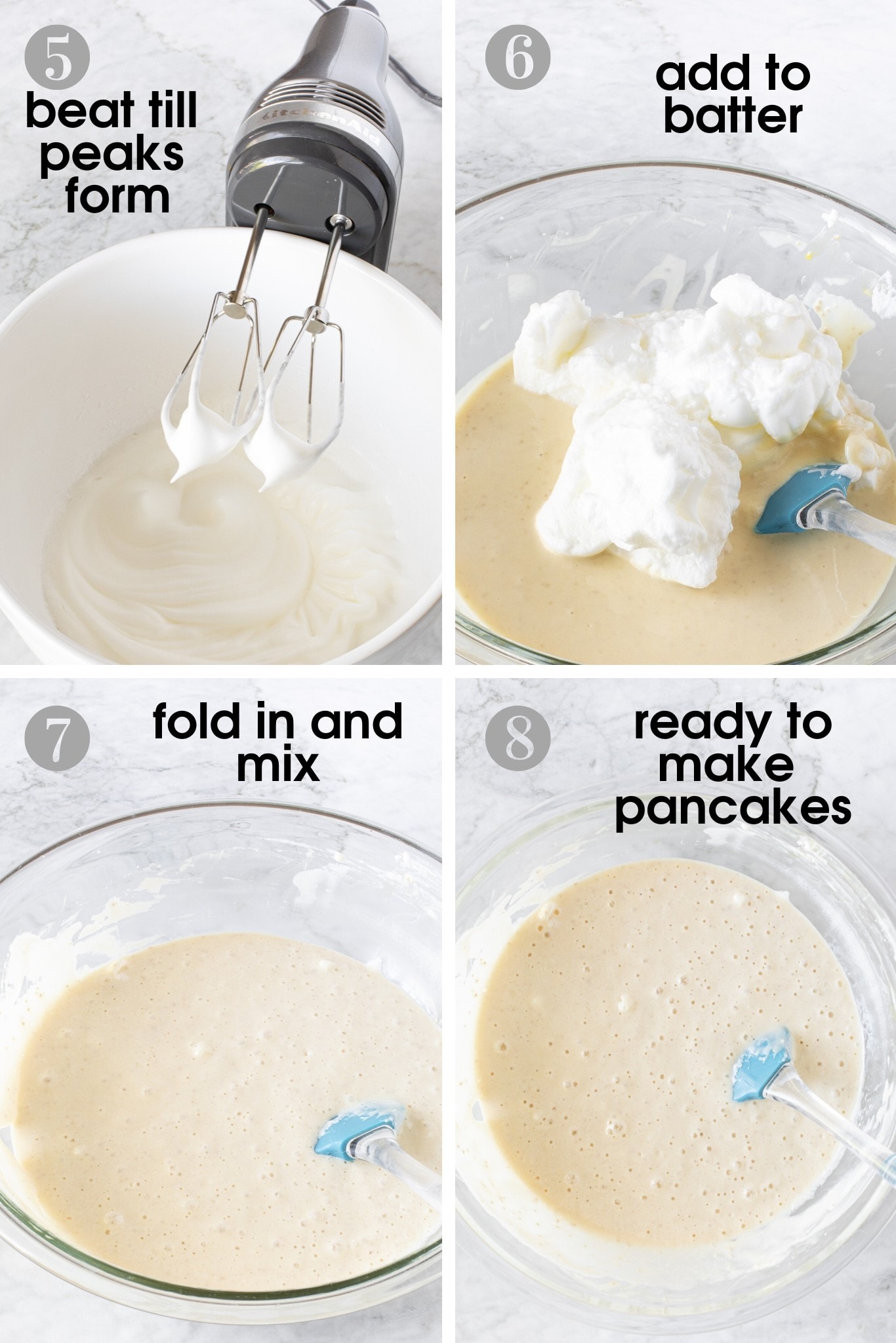 Four photos showing how to whip egg whites, and fold them into pancake batter for fluffy Bohemian pancakes | verygoodcook.com