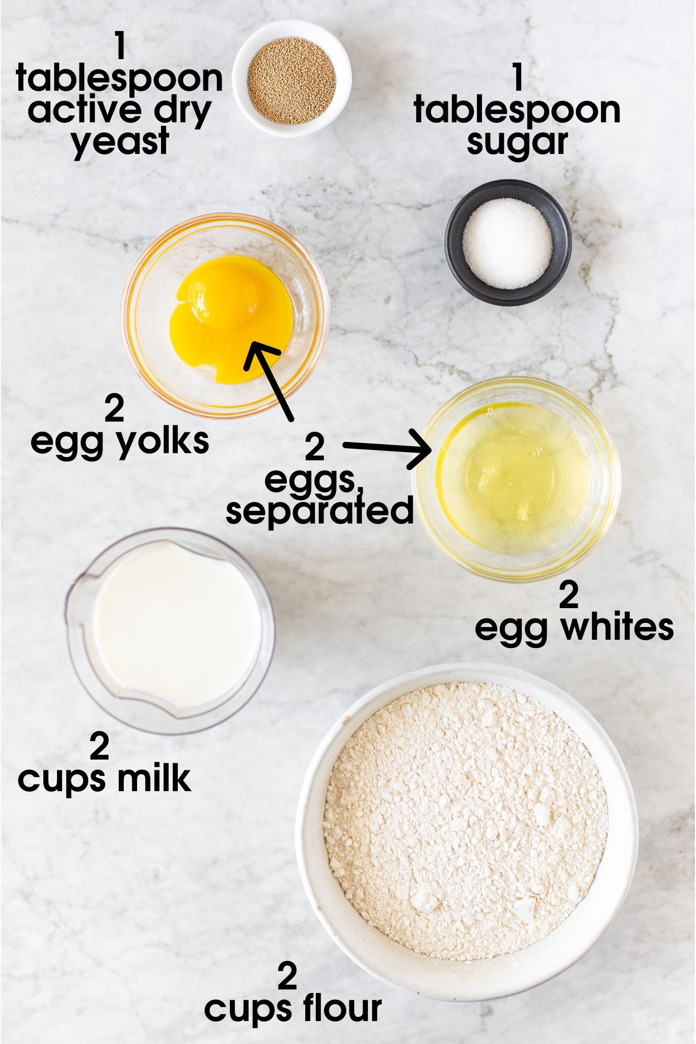 Ingredients used in Fluffy Bohemian Pancakes (Lívance) - active dry yeast, sugar, eggs, milk, and flour | verygoodcook.com 