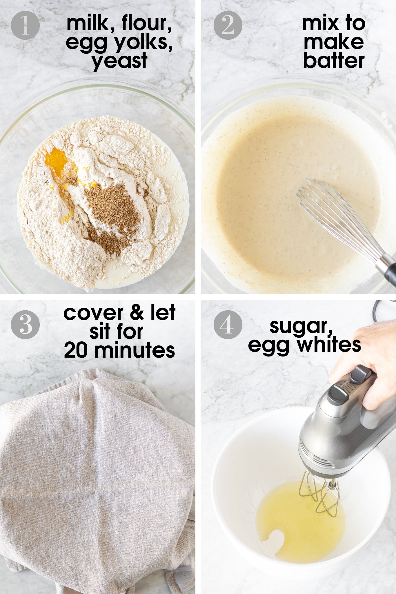 four photos showing how to mix batter for fluffy Bohemian pancakes, using milk, flour, egg yolks, yeast, sugar and egg whites | verygoodcook.com