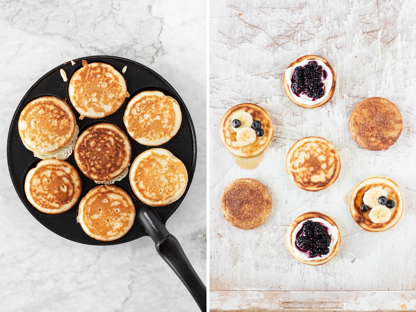 Fluffy Bohemian pancakes served with yogurt and blackberries, maple syrup, bananas and blueberries, and dipped in cinnamon sugar | verygoodcook.com