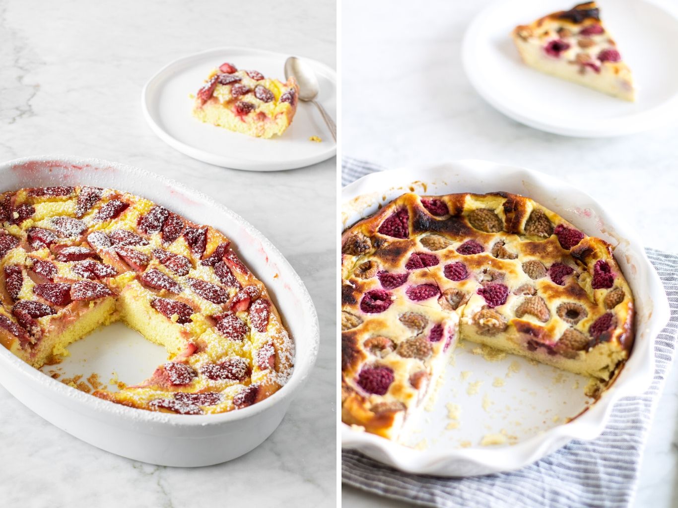 Raspberry Ricotta Soufflé and Strawberry Ricotta Soufflé baked in white 1 quart dishes | verygoodcook.com
