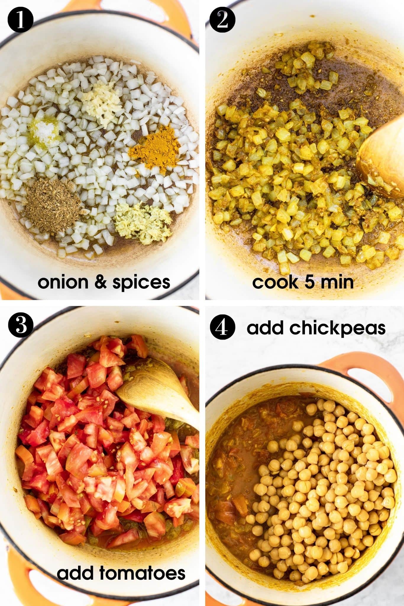 Four easy steps to cook Quick Vegan Chickpea Tomato Curry by cooking onion with spices, adding tomatoes, and chickpeas - from verygoodcook.com