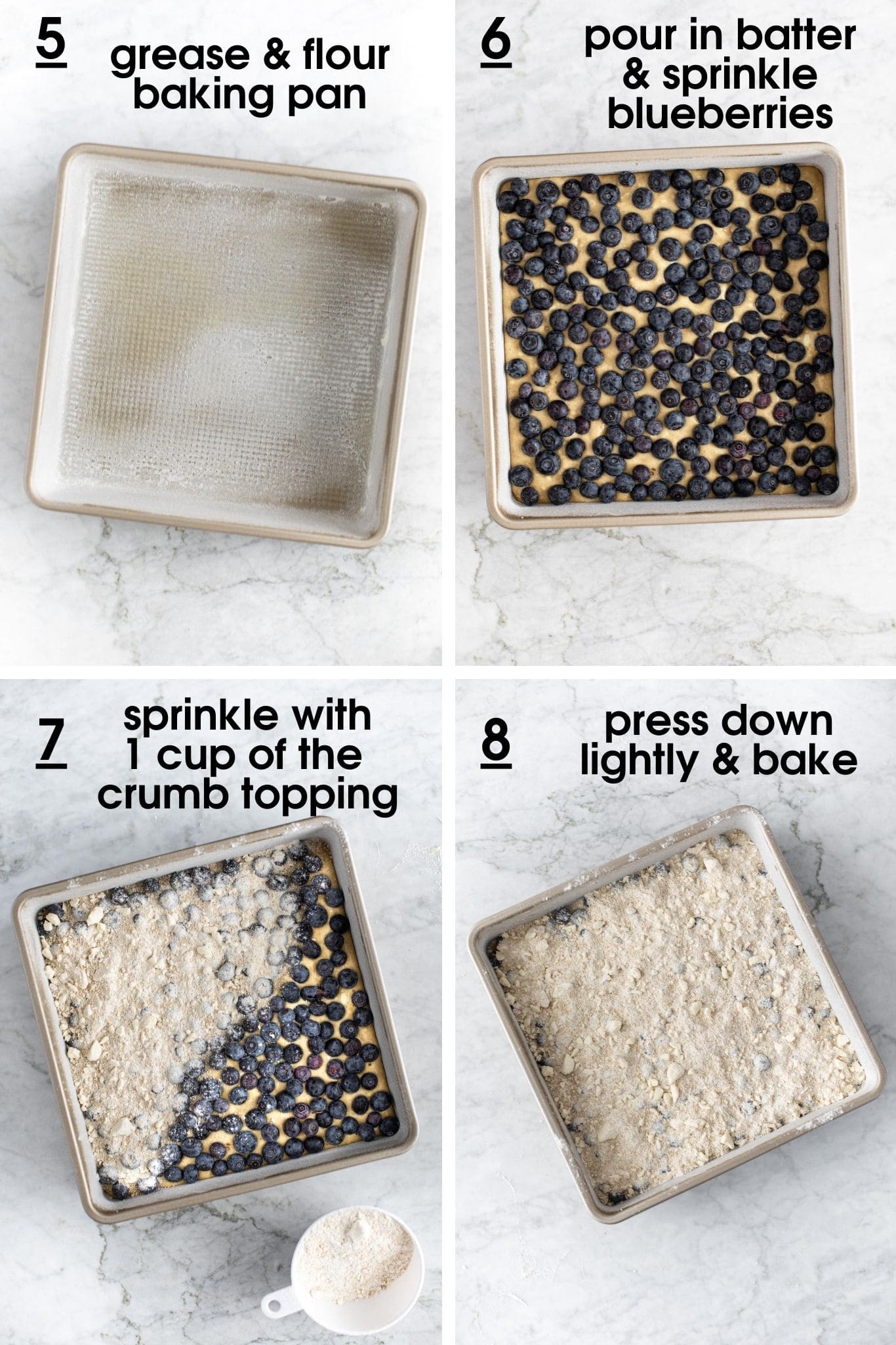 Steps showing how to grease and flour a baking pan, top batter with blueberries and crumb for Blueberry Crumb Cake from verygoodcook.com