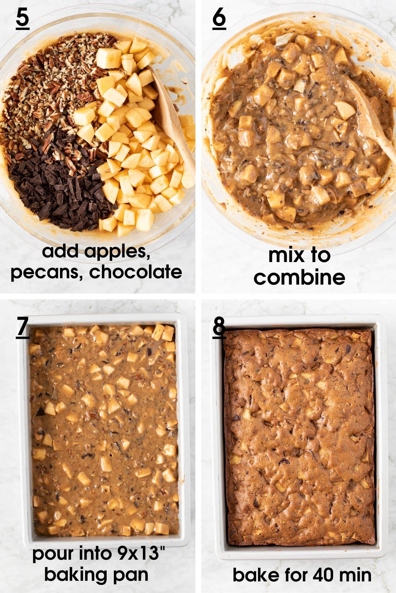 Steps showing how to make batter for Apple Pecan Chocolate Coffee Cake, pour it into a baking pan, and showing the finished, baked cake | from verygoodcook.com