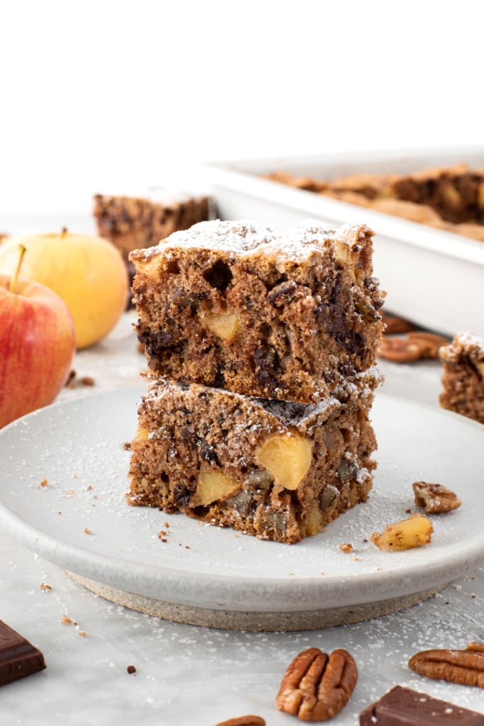 Slices of Apple Pecan Chocolate Coffee Cake on a plate