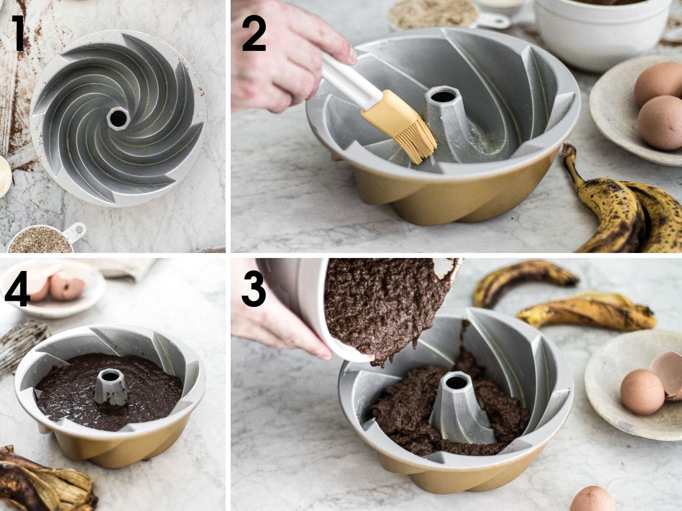 Steps showing how to make batter for Chocolate Banana Paleo Cake, placing it in a buttered pinwheel bundt cake pan- from verygoodcook.com